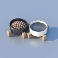 Household Bowls Set With Black Bowl Brown Balls White Bowl Liquid On Wooden Block Stand