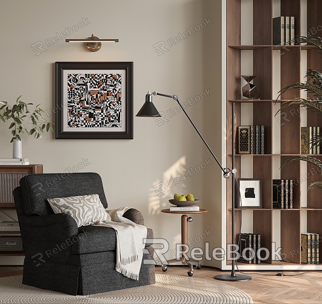 Modern Single Sofa Middle Ancient Casual Sofa Combination Side Decoration Painting Wall Lamp Floor Lamp Side Cabinet Bookshelf Carpet model