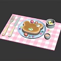 Teddy Bear Shaped Sandwich with Strawberries on Pink Checkered Placemat Fork Knife and Butter Bowl