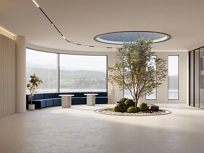 Spacious Modern Lounge Area With Circular Skylight Large Windows Blue Sofas And Circular Greenery 3d model