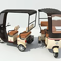 Beige And Brown Three Wheeled Electric Vehicle With Open Cabin And Seats
