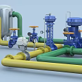 Industrial Equipment System with Green Yellow Pipes Blue Valves and Silver Tanks