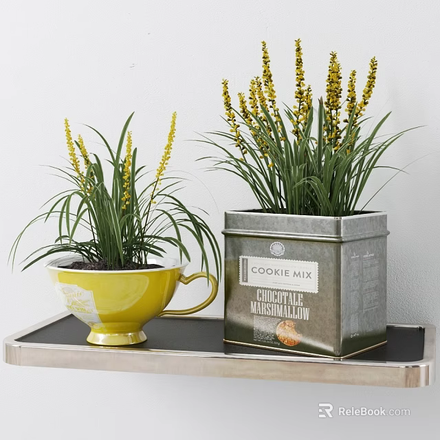 Stylish Bonsai Potted Plants in Yellow Cup and Metal Cookie Mix Box on Tray 3d model 