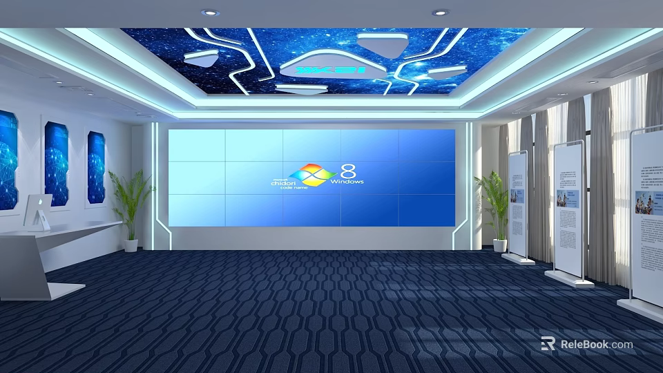 Modern Technology Exhibition Hall With Large Blue Display Screen And Ceiling Lighting 3d model 