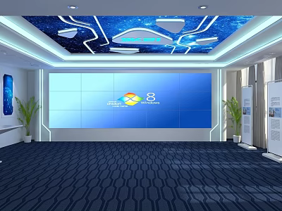 Modern Technology Exhibition Hall With Large Blue Display Screen And Ceiling Lighting 3d model