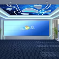 Modern Technology Exhibition Hall With Large Blue Display Screen And Ceiling Lighting 3d model