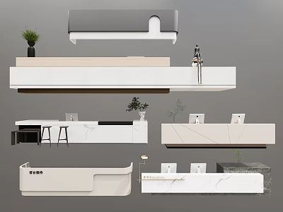 Modern Minimalist Reception Desk Design With Marble Countertop And Green Plants Lighting 3d model