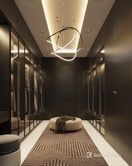 Modern Walk-in Closet Design With Dark Wooden Walls Mirrored Doors Round Ottoman And Minimalist Chandelier 3d model 