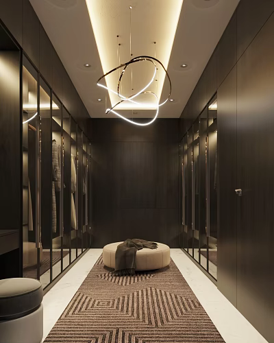 Modern Walk-in Closet Design With Dark Wooden Walls Mirrored Doors Round Ottoman And Minimalist Chandelier 3d model