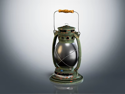 Vintage Green Metal Candle Lantern With Glass Shade And Wooden Carrying Handle 3d model
