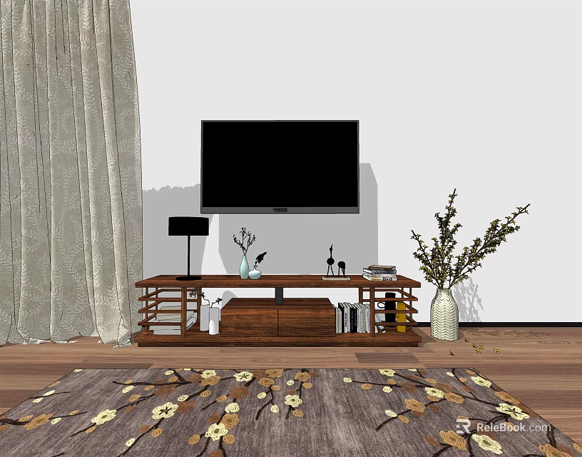 Modern TV Stand With Flat Screen TV Vase Table Lamp Decorative Items And Curtain 3d model 
