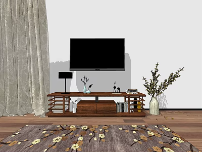 Modern TV Stand With Flat Screen TV Vase Table Lamp Decorative Items And Curtain 3d model