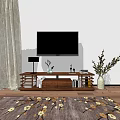 Modern TV Stand With Flat Screen TV Vase Table Lamp Decorative Items And Curtain