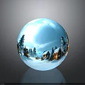 Snowy Winter Scene Glass Sphere With Cottages Trees And Blue Sky