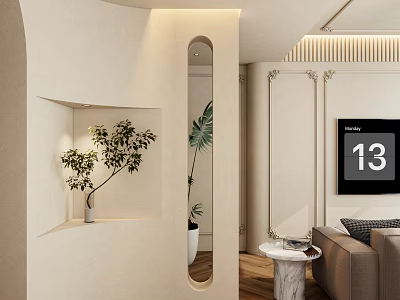 Modern Entryway Hallway Interior With Recessed Greenery Niche Mirror And Soft Lighting Design 3d model