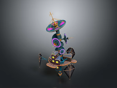 Futuristic Sci-Fi Mechanical Structure With Multiple Discs Antennas Small Houses And Teal Purple Accents 3d model