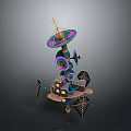 Futuristic Sci-Fi Mechanical Structure With Multiple Discs Antennas Small Houses And Teal Purple Accents