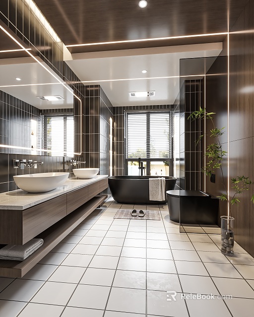 Modern Bathroom Interior With Double Vanity White Basins Black Bathtub And Green Plant 3d model 