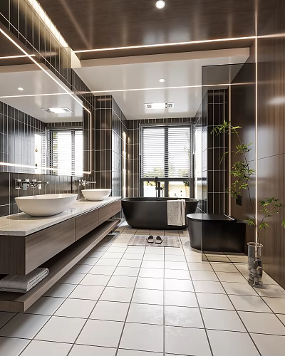 Modern Bathroom Interior With Double Vanity White Basins Black Bathtub And Green Plant 3d model