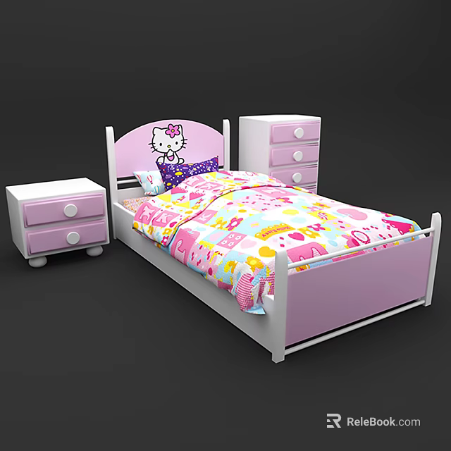 Cute Children's Bed With Hello Kitty Headboard Nightstands And Colorful Bedding 3d model 