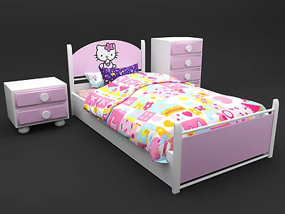 Cute Children's Bed With Hello Kitty Headboard Nightstands And Colorful Bedding 3d model