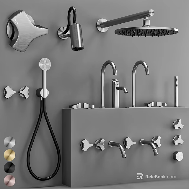 Modern Chrome Bathroom Faucets With Shower Head And Fixtures In Various Styles 3d model 