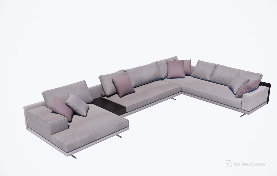 Modern Gray Sectional Sofa with Purple Cushions L Shaped Corner Design 3d model