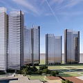 Modern High Rise Buildings With Glass Facade And Urban Architectural Design Against Blue Sky