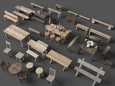 Various Wooden Furniture Collection Featuring Tables Benches Stools And Round Tables 3d model