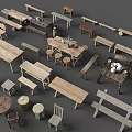 Various Wooden Furniture Collection Featuring Tables Benches Stools And Round Tables