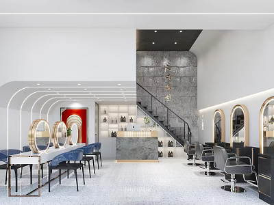 Modern Beauty Hair Salon Interior With Styling Chairs Mirrors And Reception Counter 3d model