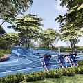 Fun Children's Play Area With Curved Blue Track And Kids Playing Surrounded By Trees