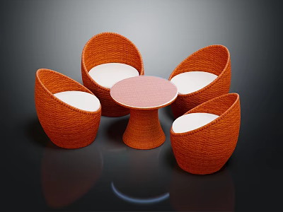 Rattan Table and Chair Set with Orange Chairs White Cushions Round Pink Tapered Leg Table 3d model
