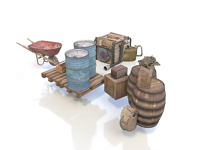 Vintage Storage Items Featuring Wheelbarrow Blue Barrels Oil Drum And Wooden Barrel 3d model