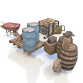 Vintage Storage Items Featuring Wheelbarrow Blue Barrels Oil Drum And Wooden Barrel
