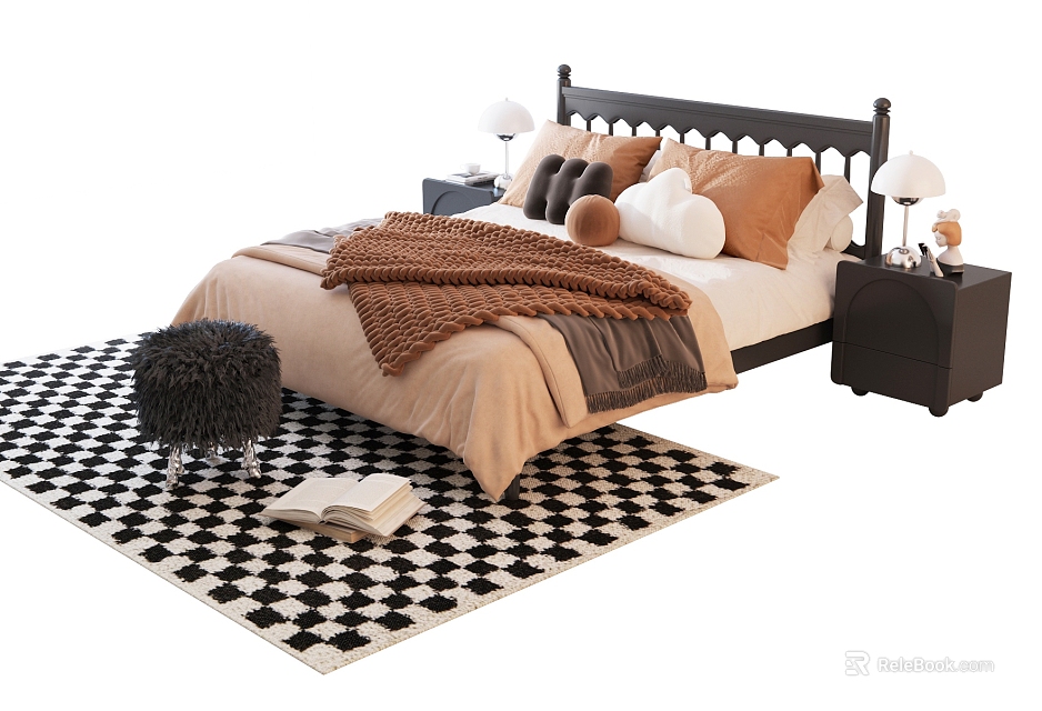 Double Bed with Pillows Blanket Nightstands Lamps on Black White Checkered Rug and Open Book 3d model 