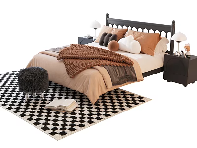 Double Bed with Pillows Blanket Nightstands Lamps on Black White Checkered Rug and Open Book 3d model