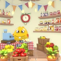 Cartoon Scene Red Apple Shaped Building with String Lights White Picket Fence and Inside Chicken