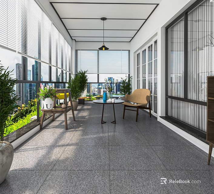 Modern Home Balcony With Comfortable Chairs Coffee Table Green Plants And City View 3d model 