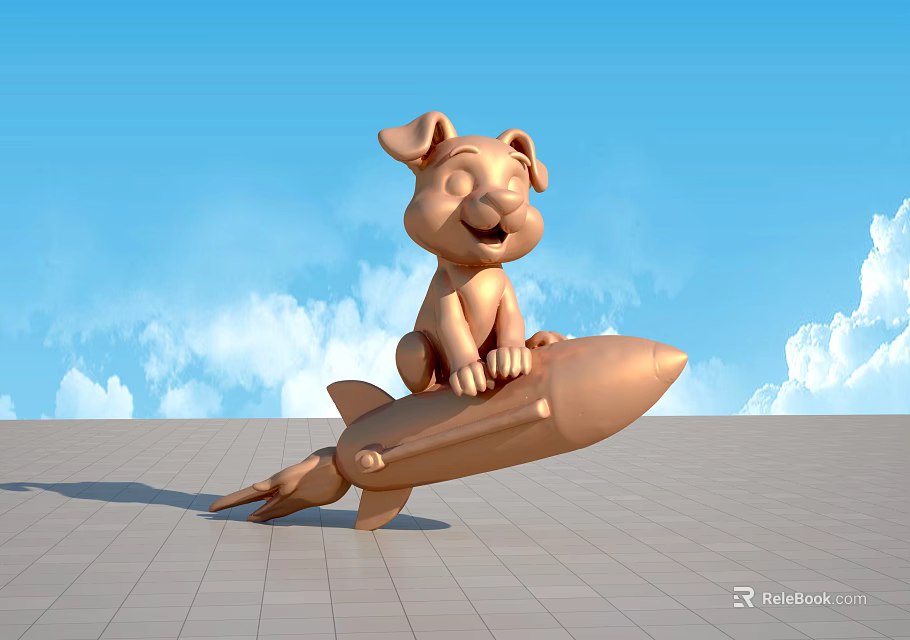 Bronze Puppy Sculpture Riding On Rocket With Blue Sky And White Clouds 3d model 