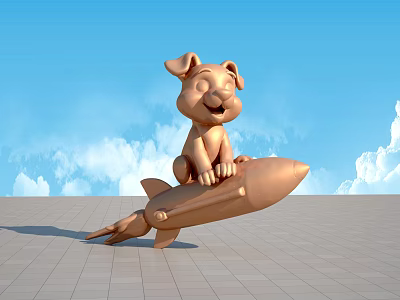 Bronze Puppy Sculpture Riding On Rocket With Blue Sky And White Clouds 3d model
