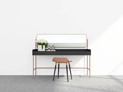 Modern Black Dressing Table With Copper Frame Mirror White Flower Bouquet And Brown Stool 3d model