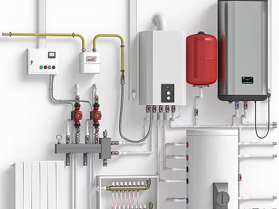 White Switch Panel with Red Water Tank Pipes and Radiator Heating Components 3d model