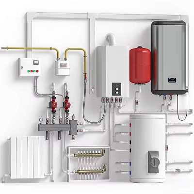 White Switch Panel with Red Water Tank Pipes and Radiator Heating Components 3d model