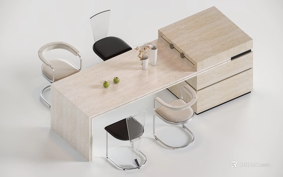 Modern Dining Table Set With Beige Tabletop Black Seats And Minimalist Chairs 3d model 