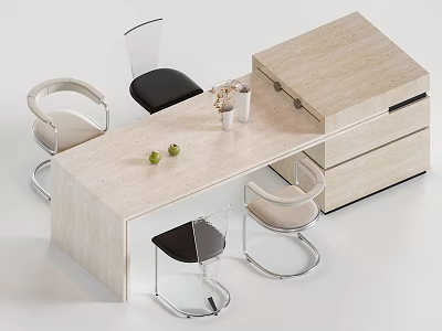 Modern Dining Table Set With Beige Tabletop Black Seats And Minimalist Chairs 3d model