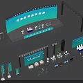 Exhibition Booth Setup With Stage Backdrop Tables Chairs And Signage Elements 3d model