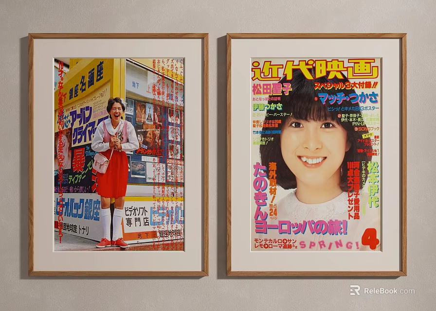Two Framed Posters With Red Skirt Woman Yellow Sign And Female Close Up Japanese Text 3d model 