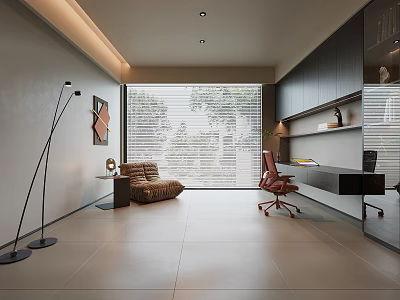 Modern Study Room Interior With Large Window Trees Built-in Bookshelves Writing Desk Accent Armchair 3d model