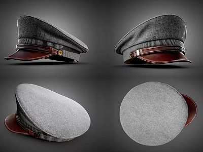 Gray Felt Hat Featuring Brown Leather Trim Displayed In Multiple Angles 3d model